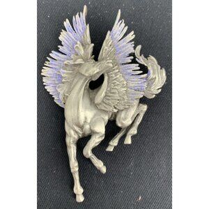 JJ Signed Pegasus Winged Horse Brooch Pin Pewter Purple Glitter 3.5"